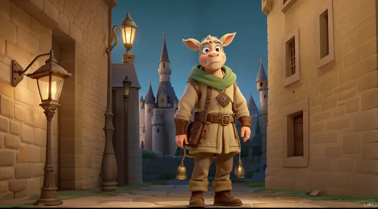 A wise of donkey man standing in front, illuminated by the light of a lamp, against the backdrop of castle.  wise of donkey standing in front, illuminated by the light of a lamp, against the backdrop of castle