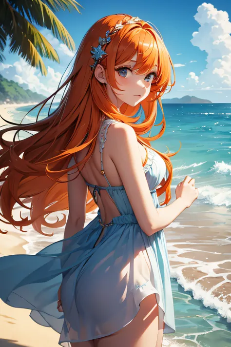 ​masterpiece、landscapes（（Mysterious Sea、sand beach））、a beauty girl、Orange Hair: Long Hair、onepiece、hair adornments