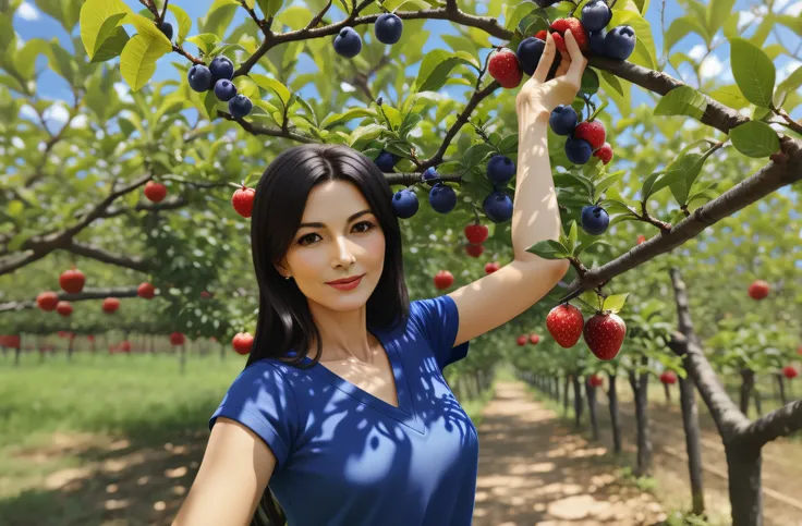 Woman in blue shirt holding a fruit tree with green leaves, 40 anos, with fruit trees, italiana