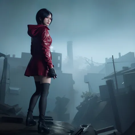 Ada wong, beautiful face, bob hair, perfect Face, wearing mini red rose dress hoody, black nail polish, glare expression, holding a gun