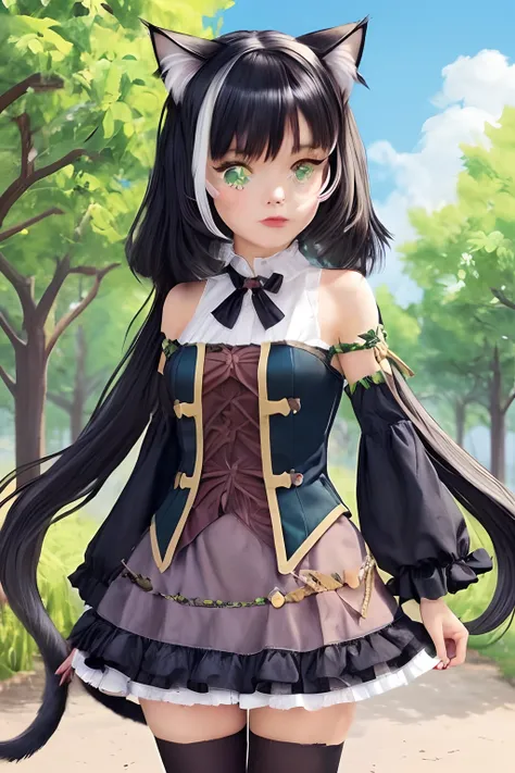 girl with black hair, cats ears and green eyes