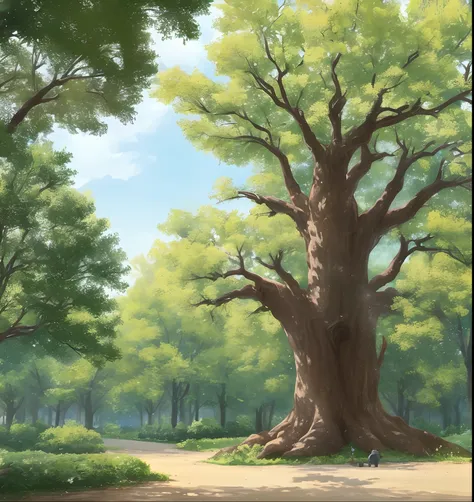 In a quaint village surrounded by lush greenery, imagine the enchanted "Talking Tree," its gnarled branches reaching towards the sky as if yearning to share its magical tales