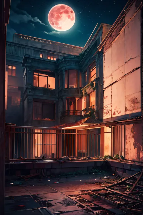 outside view of a dilapidated mansion, red blood moon, night, thick air