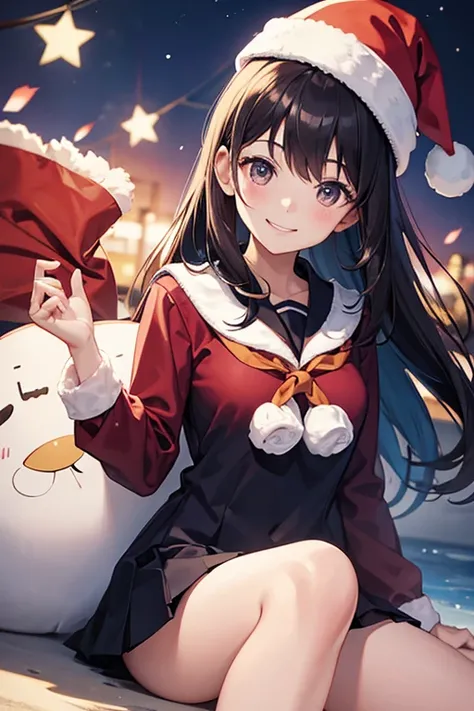 Smiling dark-haired girl in sailor suit with Santa Claus hat