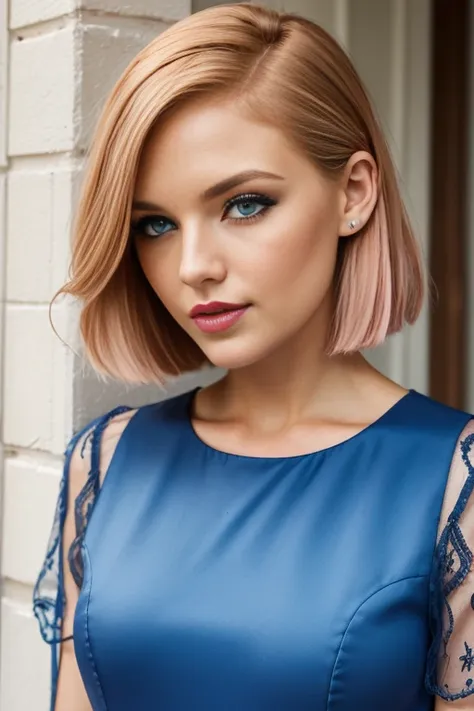 Petite 30 year old woman with light strawberryblonde hair in a straight undercut bob and striking blue eyes wearing eye liner, pink lips, in a blue summer dress, detailed face