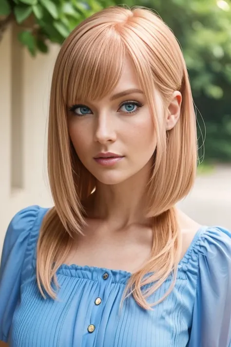 Petite 30 year old woman with light strawberryblonde hair in a straight undercut bob and striking blue eyes wearing eye liner, pink lips, in a blue summer dress, detailed face