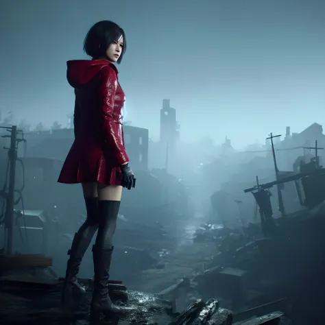 Ada wong, beautiful face, bob hair, perfect Face, wearing mini red rose dress hoody, black nail polish, glare expression, holding a gun