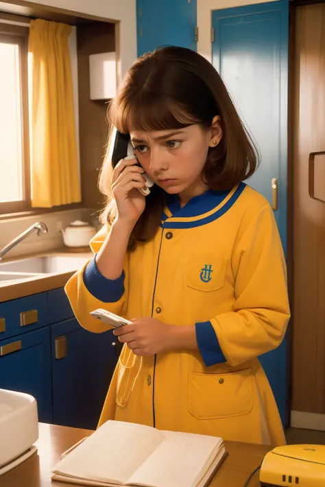 Year: 1988. Location: Northern Spain. Pre-raphelite 13-year-old girl, answering the phone, landline, kitchen, ((worried look)), ((("OMITB" cinematography))) ((Wes Anderson style))