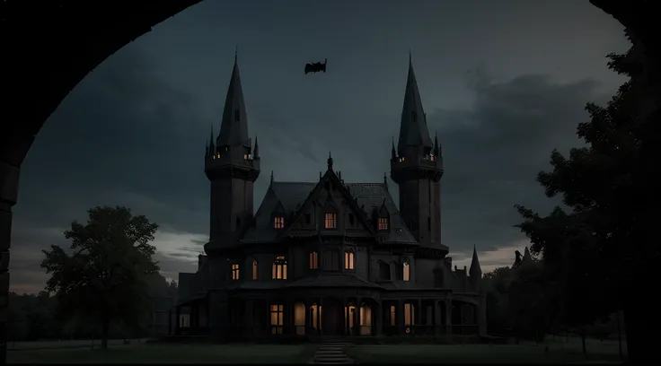 An image of a dark and mysterious castle with bats flying around it in an American Gothic style.