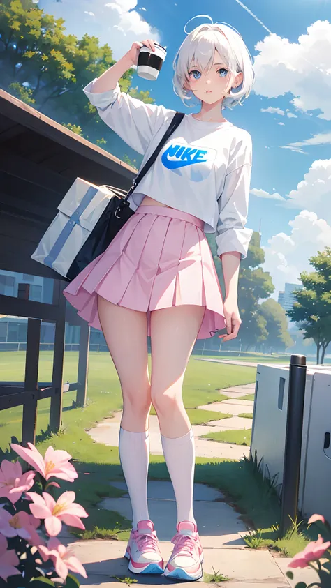 Girl holding a coffee cup, short hair, white hair, blue eye, headphone, oversized shirt, white shirt, mini skirt, pink skirt, long socks, white socks, sleeve bag, nike shoes, sky and grass field background