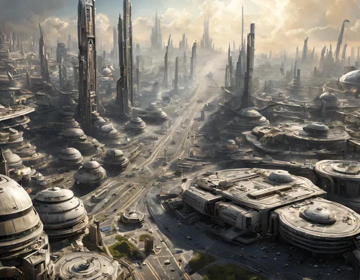 The city of Coruscant from Star Wars as designed by Doug Chiang, futuristic fantasy city with immense buildings of technological design (que forman una avenida infinita), edificios compactor no difuminados, con estructuras acristaladas en plata, oro y bron...