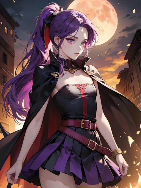 sexy demon woman, perfect body shape, small breast, battle skirt, (royal cape:1.1), main color is matte black, secondary color is purple, sexy and devil aura, original character, masterpieces, seducing purple pupil, (multi color high pony tail 1:1.2), walk...