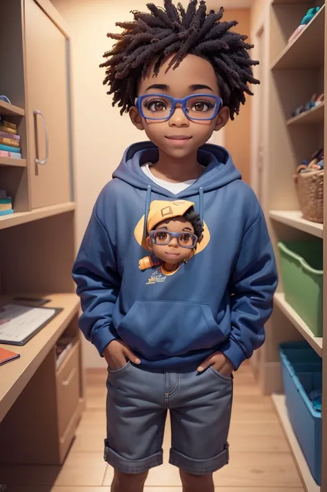 Cute mixed African American boy with glasses, smiling expression, ......3d, 3K, 8k, Pixar, highly detailed, Transparent Fades, Adding various outfits and matching hairstyles, Orange Hoodie Series