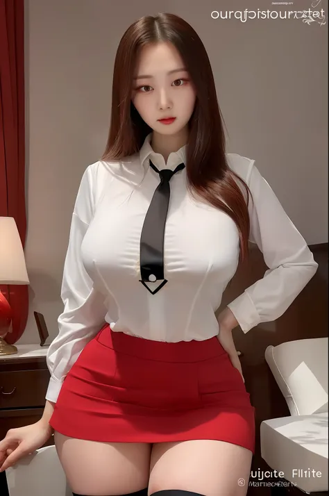 (masterpiece:1.3), (High resolution:1.1), Detailed beautiful face, Detailed beautiful, (huge breasts, gigantic breasts:1.4,  araffe woman in a white shirt and red skirt posing for a picture, korean girl, intriguing outfit, wearing a blouse, wearing in shir...