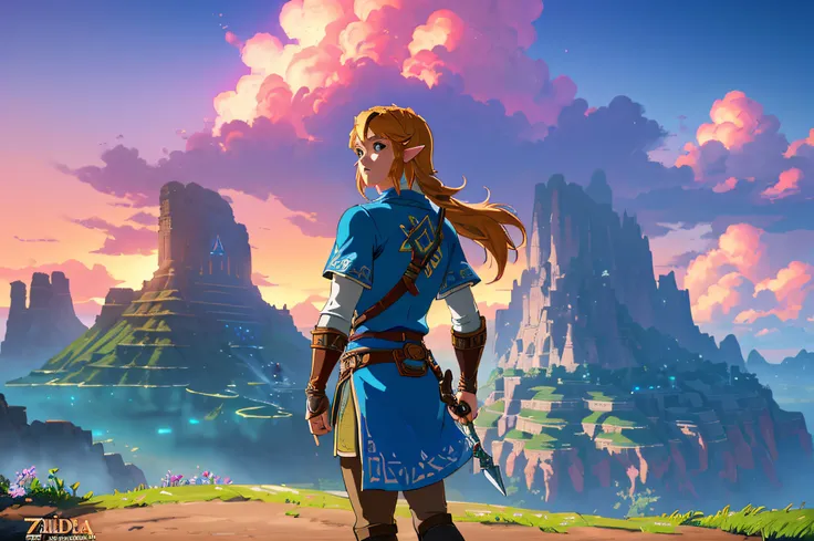 best quality, 4k, high resolution, masterpiece: 1.2, ultra detailed, realistic, photorealistic: 1.37,anime: painting style, we see Link, character from the Zelda game, standing on a cliff overlooking a city, in front of a fantasy city, 2.5d cgi anime fanta...