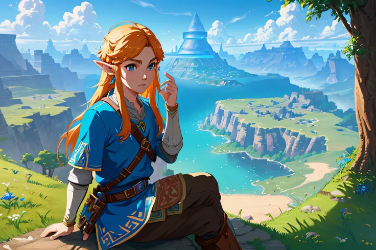 best quality, 4k, high resolution, masterpiece: 1.2, ultra detailed, realistic, photorealistic: 1.37,anime: painting style, we see Link, character from the Zelda game, standing on a cliff overlooking a city, in front of a fantasy city, 2.5d cgi anime fanta...