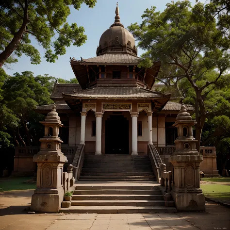 Indian temple with steps front view, cinematic style,old trees