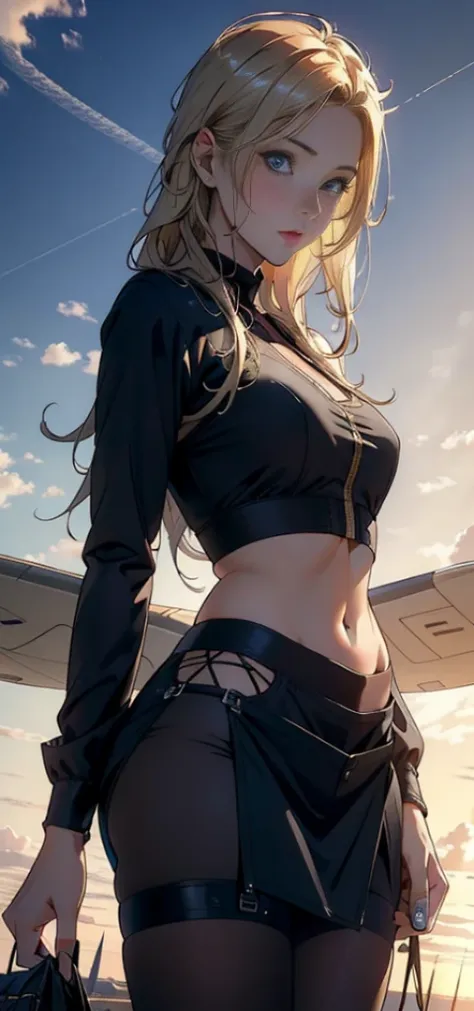 Raised sexy，1female，25yo，plumw，（Background with：A desert，aerodrome，Planes）,blonde hair，bobo head，Stand on the plane，，seen from the front， hair straight， mostly cloudy sky，（（Very detailed CG unity 8K wallpaper），best qualtiy，cinmatic lighting，detailed back g...