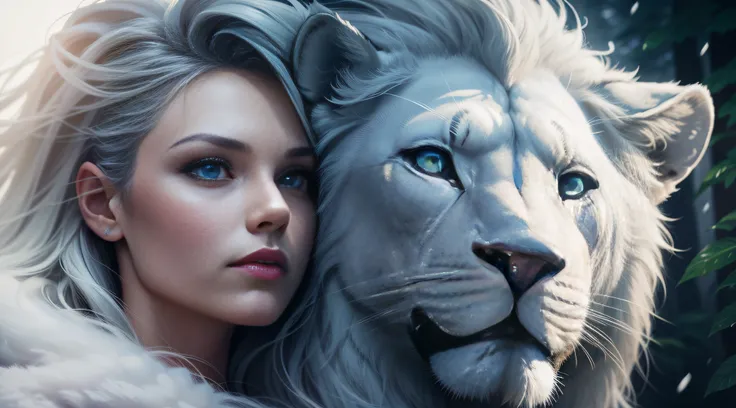 A dark and magical night, Magic Mist, Beautiful beautiful woman next to a white lion, Movie Cover Style, Similar to actress Lauren German, Realistic, The white lion next to German Lauren, 24-year-old young woman, magical effect, Raw art, Best Quality, Focu...