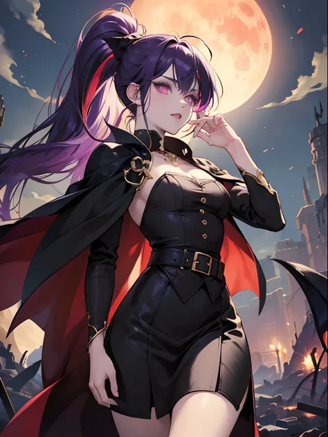 eldest vampire woman, perfect body shape, small breast, battle skirt, (royal cape:1.1), main color is matte black, secondary color is purple, sexy and devil aura, original character, masterpieces, seducing purple pupil, (multi color high pony tail 1:1.2), ...