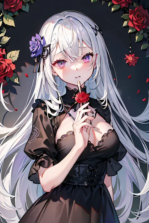 (top-quality、​masterpiece)、(1girl in、独奏、Black Dress、is standing、Look at viewers、White hair、Purple Eye、There are roses、Keep your mouth shut、The upper part of the body)、(Dream Catcher in the Back、florals、)、length hair、(((NSFW)))