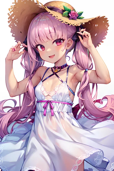 1girl, solo, pink hair, twintails, blunt bangs, smile, upper body, simple background, white dress, one-peice dress, straw hat