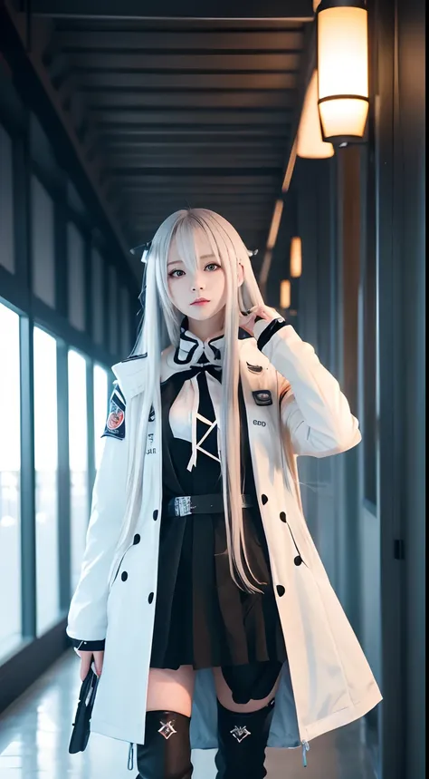 Anime girl with long hair and white coat standing in the hallway, girls frontline style, from girls frontline, from arknights, portrait anime space cadet girl, Cute anime girl, Anime visuals of cute girls, silver hair girl, an anime girl, Anime Mecha Aesth...