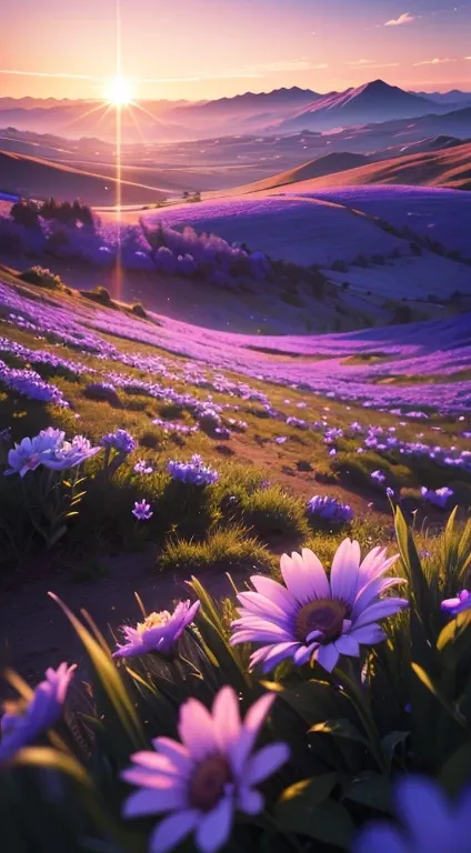 Ultra realistic 8k picture,space, blue flower field, evening time, sunset, colourful details