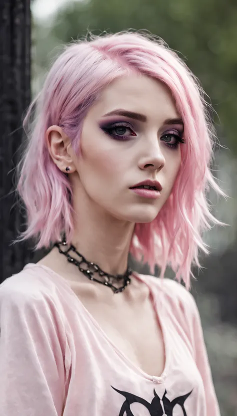 A barefoot young adult female model with pastel pink hair, 20-years-old, reflecting a sultry gothic satanic e-girl style wardrobe. diverse hairstyle that complement the alt/gothic aesthetic, . urban gothic, outdoor scene, fashionable ambiance. Happy, maint...