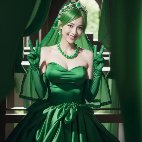 emerald tiara, Green Pearl Necklace, Boyish very short green hair, lipsticks, Japan woman smiling, very short short hair, big breasts beautiful, Green eyes, Long green gloves made of satin material, Green eyes,v sign, Emerald earrings