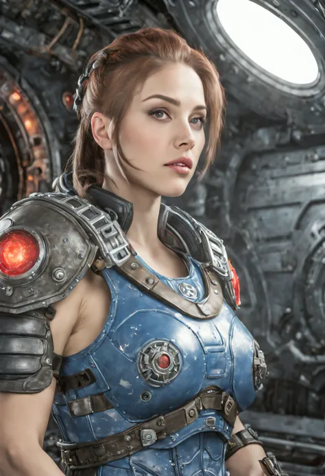 mujer alienigena extraterrestre, considerada como una de las razas mas bellas de la galaxia, con una cara, ojos y labios sensuales, vestida con uniforme sexy de gears of war con minifalda, ((se encuentra en centro de control de estacion espacial)). hiperre...