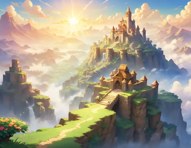 (best quality,4k,8k,highres,masterpiece:1.2),ultra-detailed,(realistic,photorealistic,photo-realistic:1.37),fantasy landscape,adventurer standing on a mountain,view from behind,desert,cactus,castle,The Legend of Zelda,enchanted sky,majestic mountains,myste...