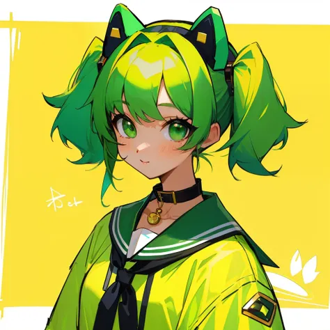 I wore a green dog collar around my neck、Cute girl with green eyes