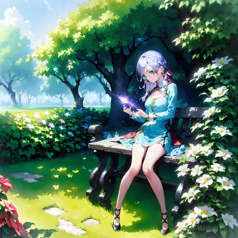 (​masterpiece、top-quality、top-quality、Official art、Beautifully Aesthetic:1.2)、((1girl in))、Stand in the garden、looking at the viewers、eye glass、Light purple hair、green colored eyes、(Longer dress)、Write