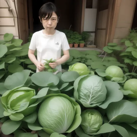 there is a boy standing in a garden with a large cabbage blooming, by yasushi sugiyama, everything is growing in a huge, by maed...