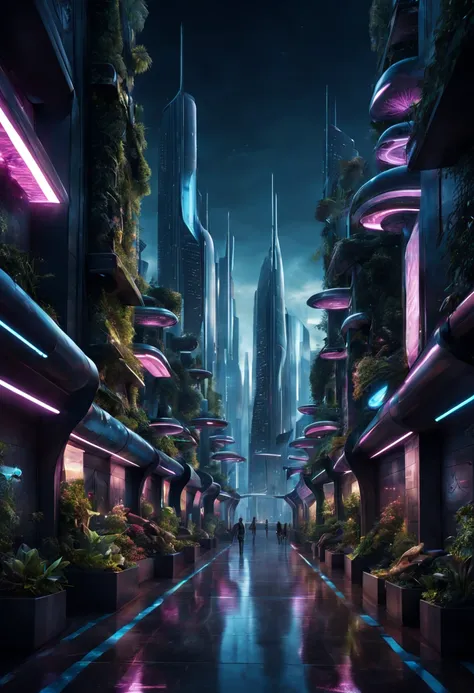 Describe a futuristic cityscape in 2050, Where futuristic skyscrapers rise up to the sky, illuminated by pulsing neon lights. The streets are lined with silent flying vehicles, enquanto hologramas flutuantes exibem publicidade interativa. Vertical gardens ...