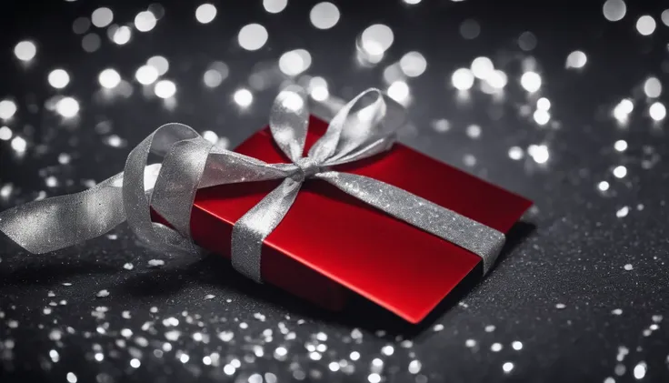 A blank red gift tag mockup with a silver ribbon tied in a bow, against a backdrop of sparkling silver sequins.