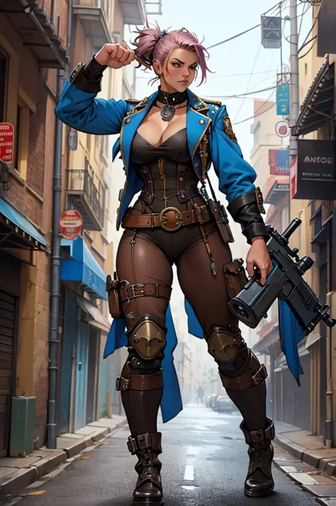 Realistic drawing art in colors Alex Horley style, robust woman soldier full Steampunk bodybuilder, shaved hair, full body, Blue costume, concentrated, Steampunk shotgun, patrolling Steampunk streets, ultra HD images.