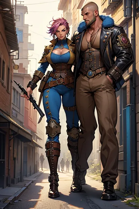 Realistic drawing art in colors Alex Horley style, robust woman soldier full Steampunk bodybuilder, shaved hair, full body, Blue costume, concentrated, Steampunk shotgun, patrolling Steampunk streets, ultra HD images.