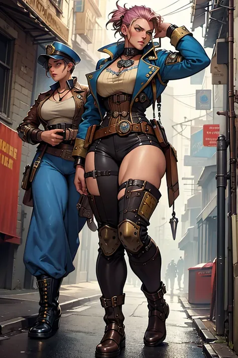 Realistic drawing art in colors Alex Horley style, robust woman soldier full Steampunk bodybuilder, shaved hair, full body, Blue costume, concentrated, Steampunk shotgun, patrolling Steampunk streets, ultra HD images.