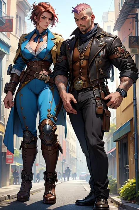 Realistic drawing art in colors Alex Horley style, robust woman soldier full Steampunk bodybuilder, shaved hair, full body, Blue costume, concentrated, Steampunk shotgun, patrolling Steampunk streets, ultra HD images.