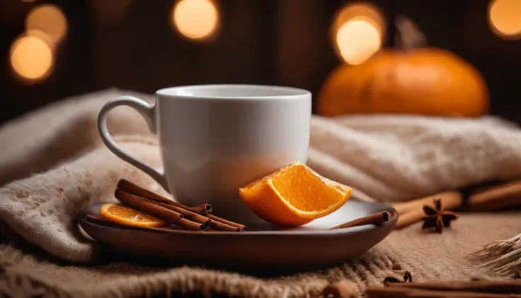 A blank white mug mockup on a cozy plaid blanket, surrounded by cinnamon sticks, cloves, and dried oranges for a warm and inviting feel.