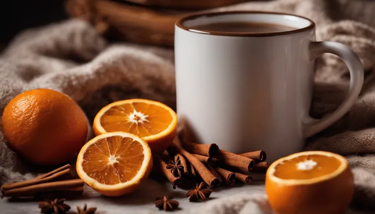 A blank white mug mockup on a cozy plaid blanket, surrounded by cinnamon sticks, cloves, and dried oranges for a warm and inviting feel.