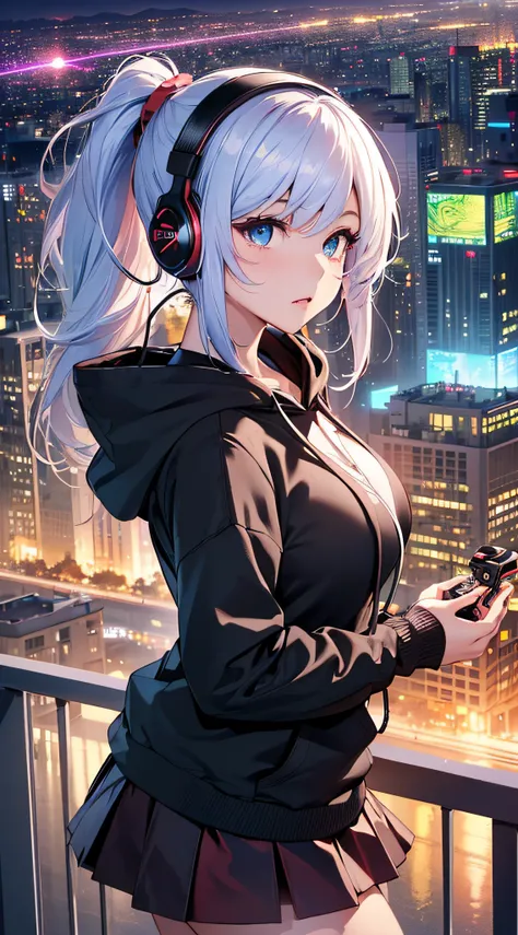 top-quality、Top image quality、​masterpiece、girl with((18year old、Best Bust、big bast,Beautiful blue eyes、Breasts wide open, Blue ponytail、A slender、Large valleys、Reflecting the whole body、Red face、Shining eyes、Headphones on the head,Black hoodie、Black short...