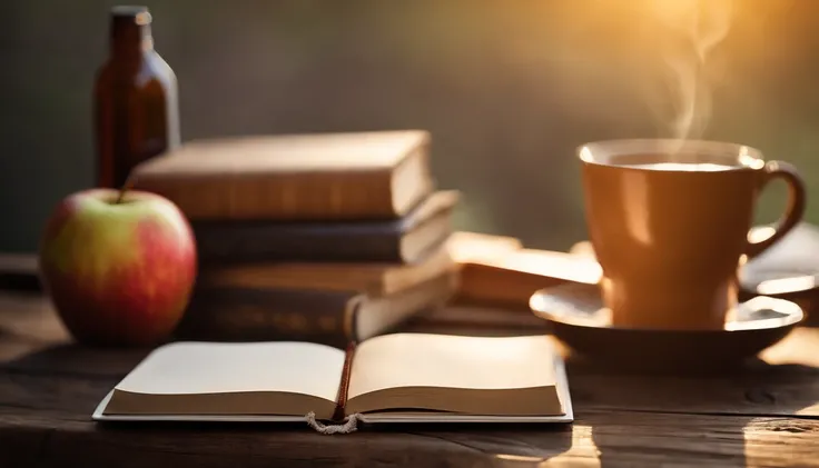 A blank white notebook mockup on a rustic wooden table, with a stack of vintage holiday books and a cup of hot apple cider nearby.