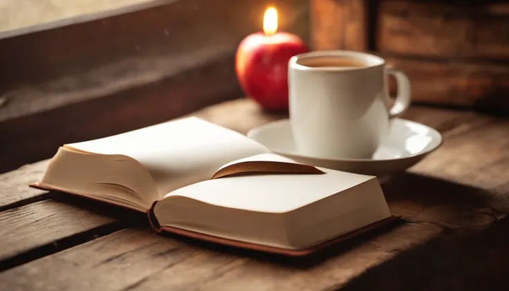 A blank white notebook mockup on a rustic wooden table, with a stack of vintage holiday books and a cup of hot apple cider nearby.