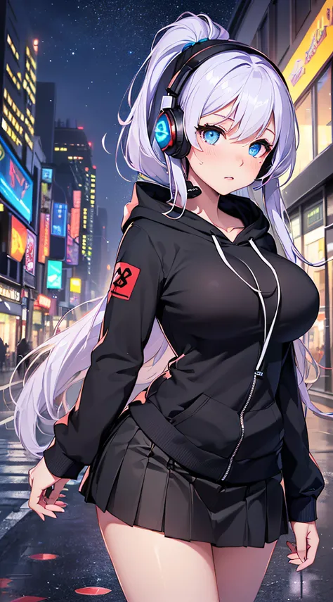 top-quality、Top image quality、​masterpiece、girl with((18year old、Best Bust、big bast,Beautiful blue eyes、Breasts wide open, Blue ponytail、A slender、Large valleys、Reflecting the whole body、Red face、Shining eyes、Headphones on the head,Black hoodie、Black short...