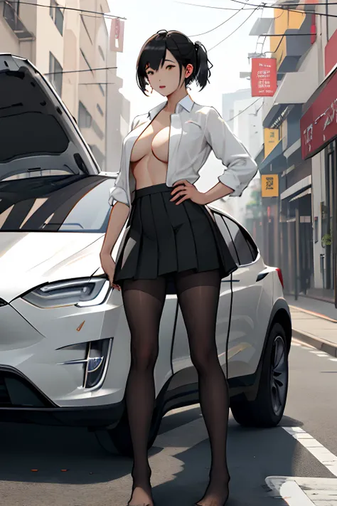 Asian female, wearing short skirt, pantyhose, not wearing shoes, no shoes, topless , big tits, standing beside a Tesla model X、The body is black、The wheels have yellow calipers