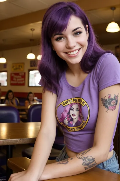 Street photography photo of a young woman with purple hair, They are smiling, feliz, Linda camiseta, tatuajes en sus brazos, Sitting in a 50s restaurant