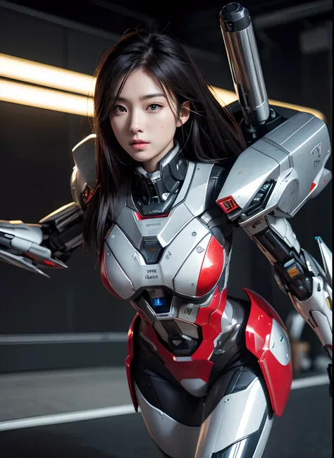 Textured skin, Super Detail, high details, High quality, Best Quality, hight resolution, 1080p, hard disk, Beautiful,(cyborgs),(Missiles from the chest),(Machine gun from both hands),beautiful cyborg woman,Mecha Cyborg Girl,Battle Mode,Girl with a Mecha Bo...